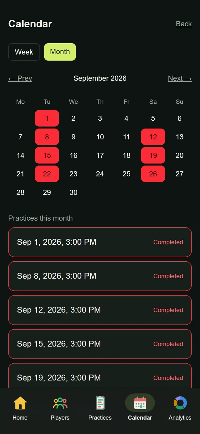 The player's practice calendar